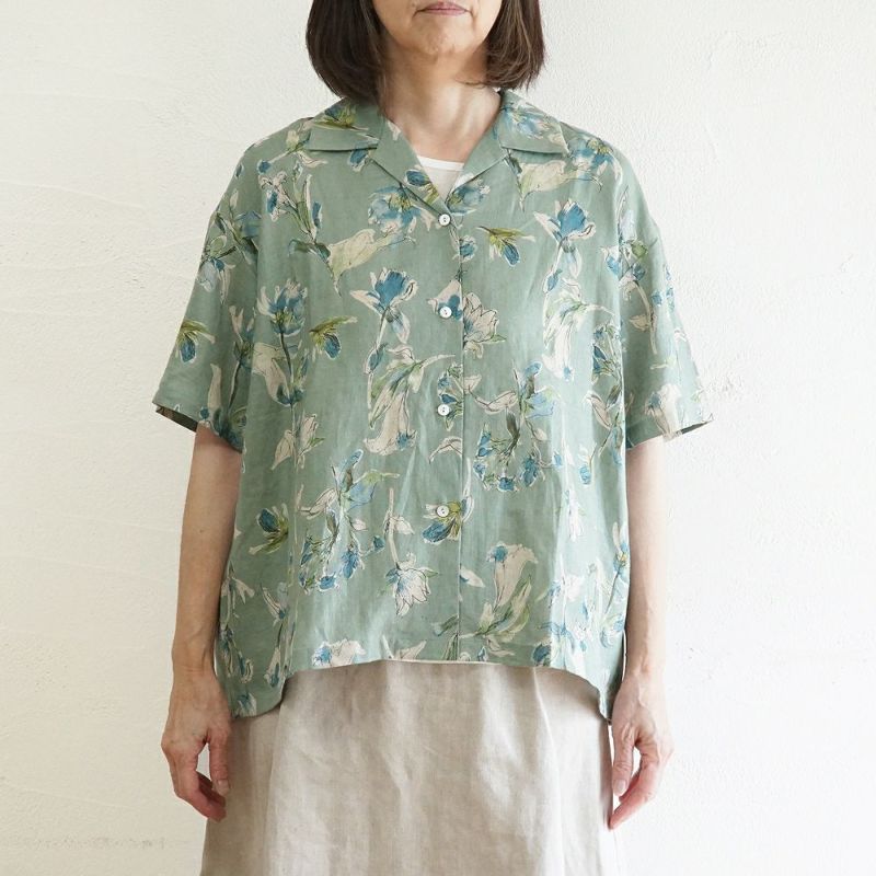 Branch m‘.,ブランチエム,ナチュラル,30代,40代,50代,60代,リネン,ゆったり,シャツ,ブラウス,リネンブラウス,リネンシャツ,開襟シャツ,柄シャツ,オープンカラーシャツ,オープンカラー,花柄,