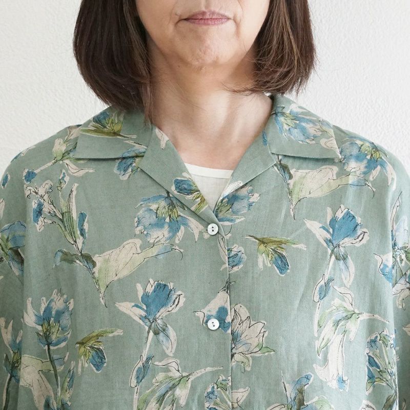 Branch m‘.,ブランチエム,ナチュラル,30代,40代,50代,60代,リネン,ゆったり,シャツ,ブラウス,リネンブラウス,リネンシャツ,開襟シャツ,柄シャツ,オープンカラーシャツ,オープンカラー,花柄,