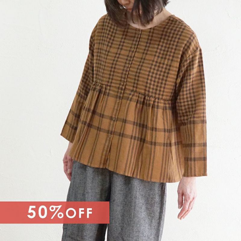 Branch m‘.,ブランチエム,ナチュラル,30代,40代,50代,60代,リネン,ゆったり,コットンリネン,起毛,ブラウス,リネンブラウス,コットンブラウス,配色,チェックブラウス,2WAYブラウス,2WAY,前後着用,ギャザーブラウス