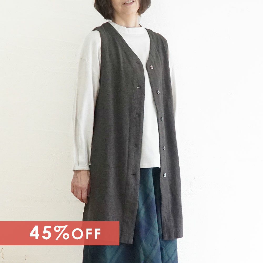 Branch m‘.,ブランチエム,ナチュラル,30代,40代,50代,60代,コットン,ゆったり,綿,ベスト,ロングベスト,ジレ,ロングジレ,レイヤードスタイル,レイヤード