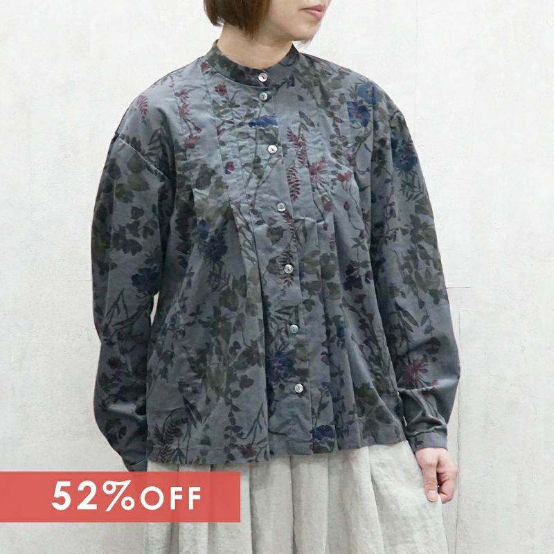 Branch m‘.,ブランチエム,ナチュラル,30代,40代,50代,60代,コットン,ゆったり,綿,コーデュロイ,細コール,ブラウス,綿ブラウス,コーデュロイブラウス,タックブラウス,花柄,花柄ブラウス,チュニック,チュニックブラウス,花柄チュニック