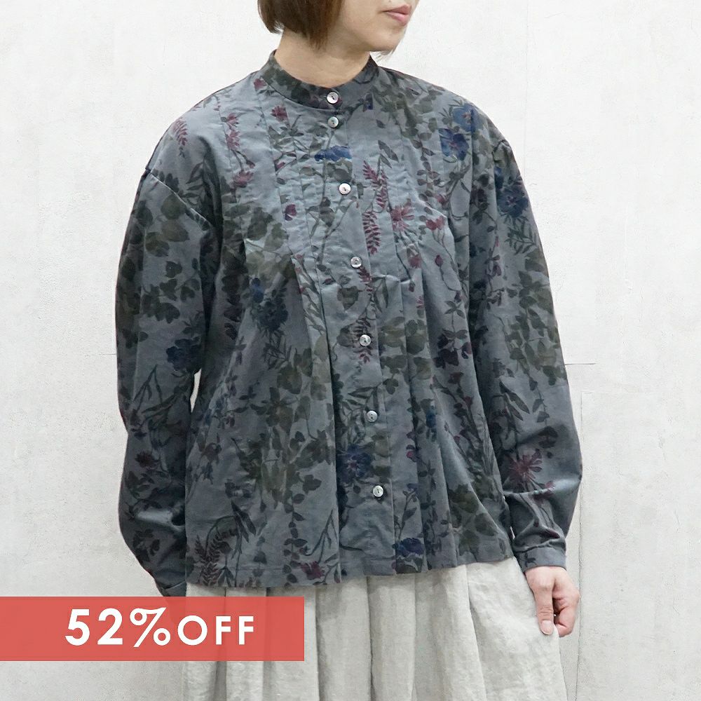 Branch m‘.,ブランチエム,ナチュラル,30代,40代,50代,60代,コットン,ゆったり,綿,コーデュロイ,細コール,ブラウス,綿ブラウス,コーデュロイブラウス,タックブラウス,花柄,花柄ブラウス,チュニック,チュニックブラウス,花柄チュニック