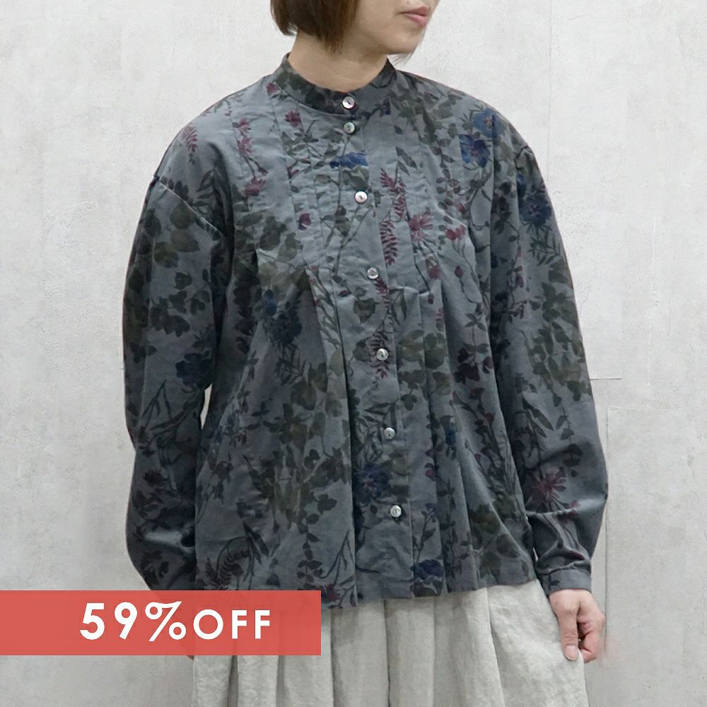 Branch m‘.,ブランチエム,ナチュラル,30代,40代,50代,60代,コットン,ゆったり,綿,コーデュロイ,細コール,ブラウス,綿ブラウス,コーデュロイブラウス,タックブラウス,花柄,花柄ブラウス,チュニック,チュニックブラウス,花柄チュニック