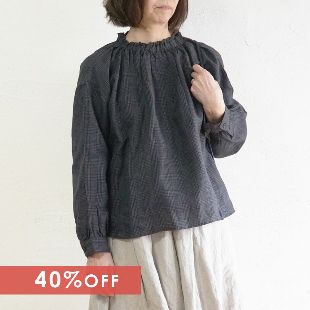 Branch m‘.,ブランチエム,ナチュラル,30代,40代,50代,60代,リネン,ゆったり,ブラウス,リネンブラウス,フリルブラウス,チェック,チェックブラウス,リボン,後リボン, 