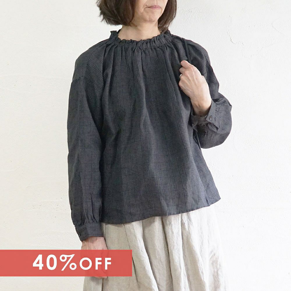 Branch m‘.,ブランチエム,ナチュラル,30代,40代,50代,60代,リネン,ゆったり,ブラウス,リネンブラウス,フリルブラウス,チェック,チェックブラウス,リボン,後リボン, 