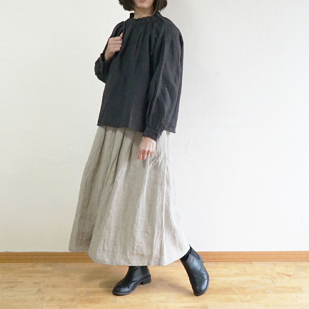 Branch m‘.,ブランチエム,ナチュラル,30代,40代,50代,60代,リネン,ゆったり,ブラウス,リネンブラウス,フリルブラウス,チェック,チェックブラウス,リボン,後リボン, 