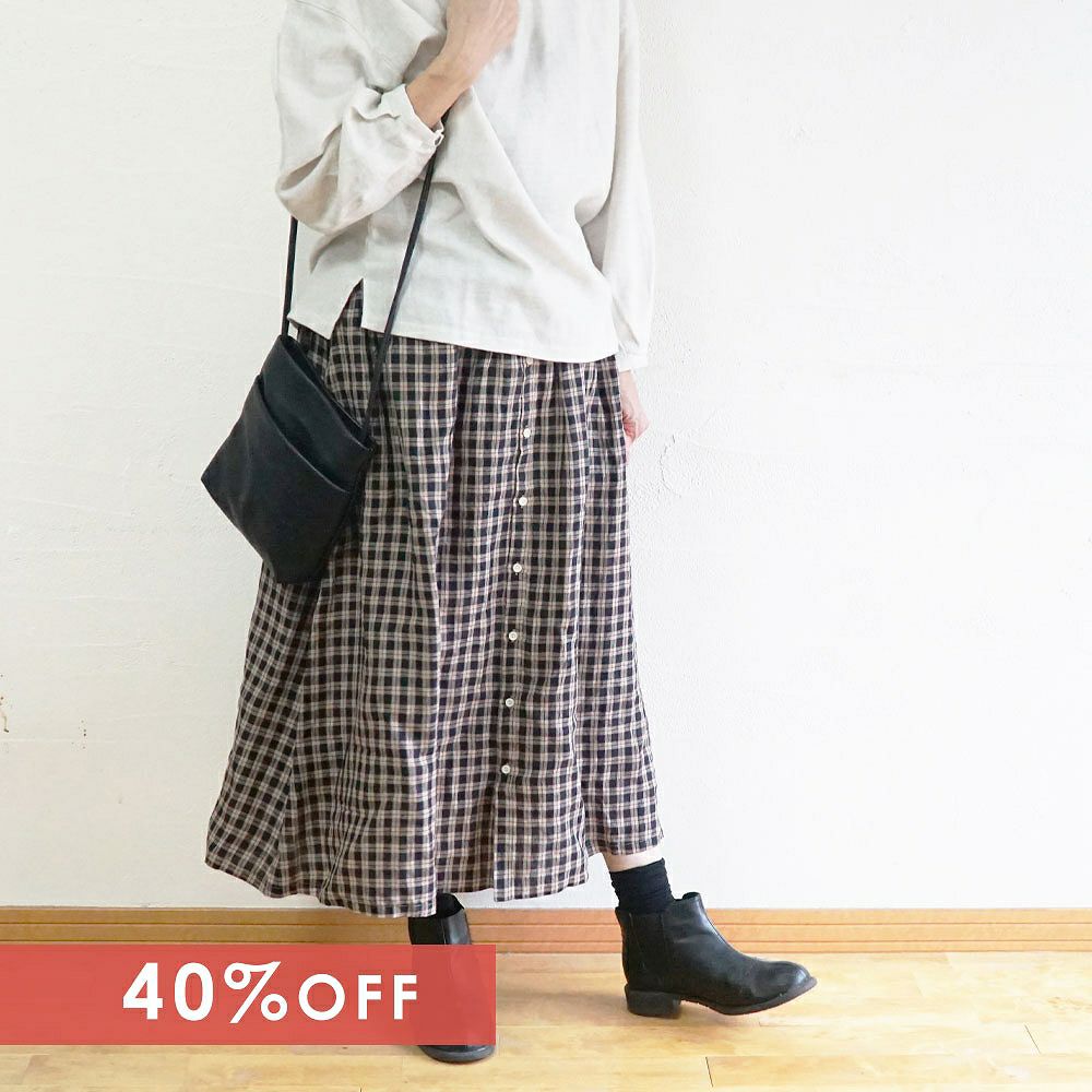 Branch m‘.,ブランチエム,ナチュラル,30代,40代,50代,60代,リネン,ゆったり,スカート,リネンスカート,チェックスカート,チェック,ギャザースカート,前ボタン, 