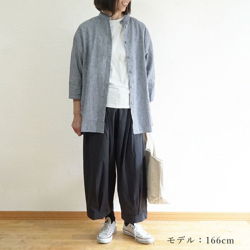 Branch m‘.,ブランチエム,ナチュラル,30代,40代,50代,60代,リネン,ゆったり,コットンリネン,コットン,綿麻,ブラウス,チュニック,チュニックブラウス,８分袖,ストライプ,ストライプブラウス,ギンガムチェック,ギンガムチェックブラウス,シャツ,シャツブラウス,スタンドカラー,バンドカラー