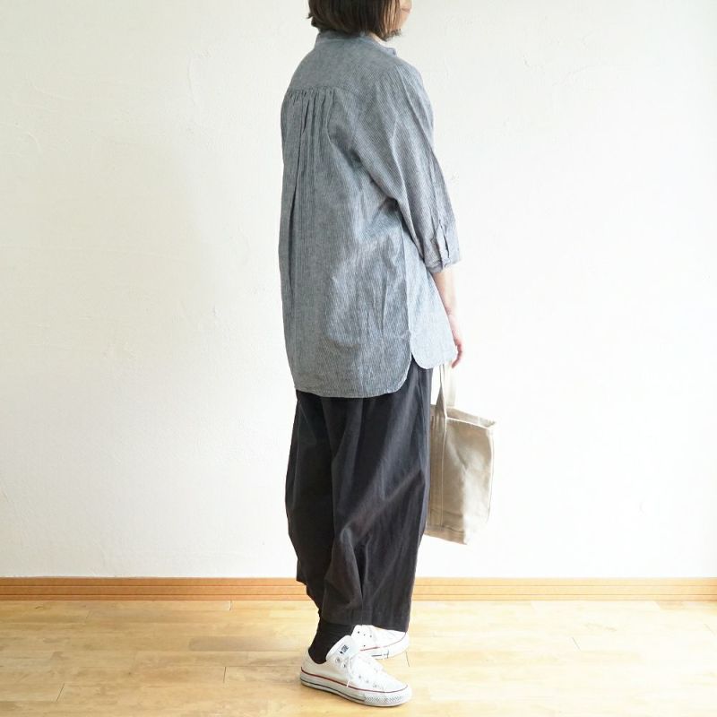 Branch m‘.,ブランチエム,ナチュラル,30代,40代,50代,60代,リネン,ゆったり,コットンリネン,コットン,綿麻,ブラウス,チュニック,チュニックブラウス,８分袖,ストライプ,ストライプブラウス,ギンガムチェック,ギンガムチェックブラウス,シャツ,シャツブラウス,スタンドカラー,バンドカラー