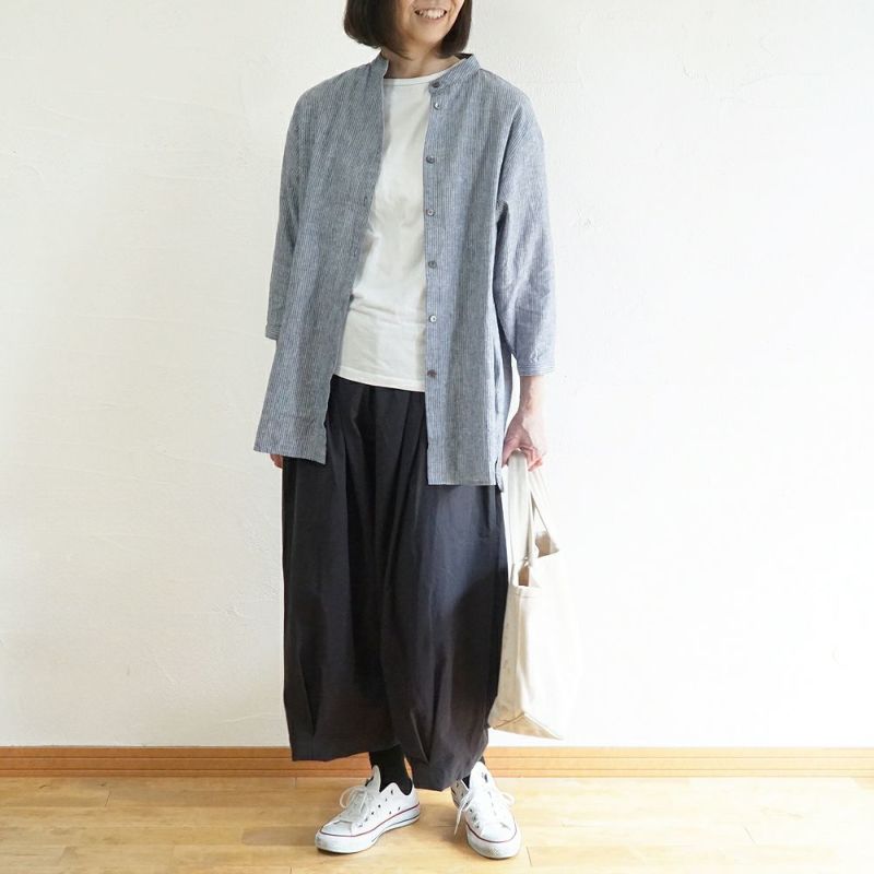 Branch m‘.,ブランチエム,ナチュラル,30代,40代,50代,60代,リネン,ゆったり,コットンリネン,コットン,綿麻,ブラウス,チュニック,チュニックブラウス,８分袖,ストライプ,ストライプブラウス,ギンガムチェック,ギンガムチェックブラウス,シャツ,シャツブラウス,スタンドカラー,バンドカラー