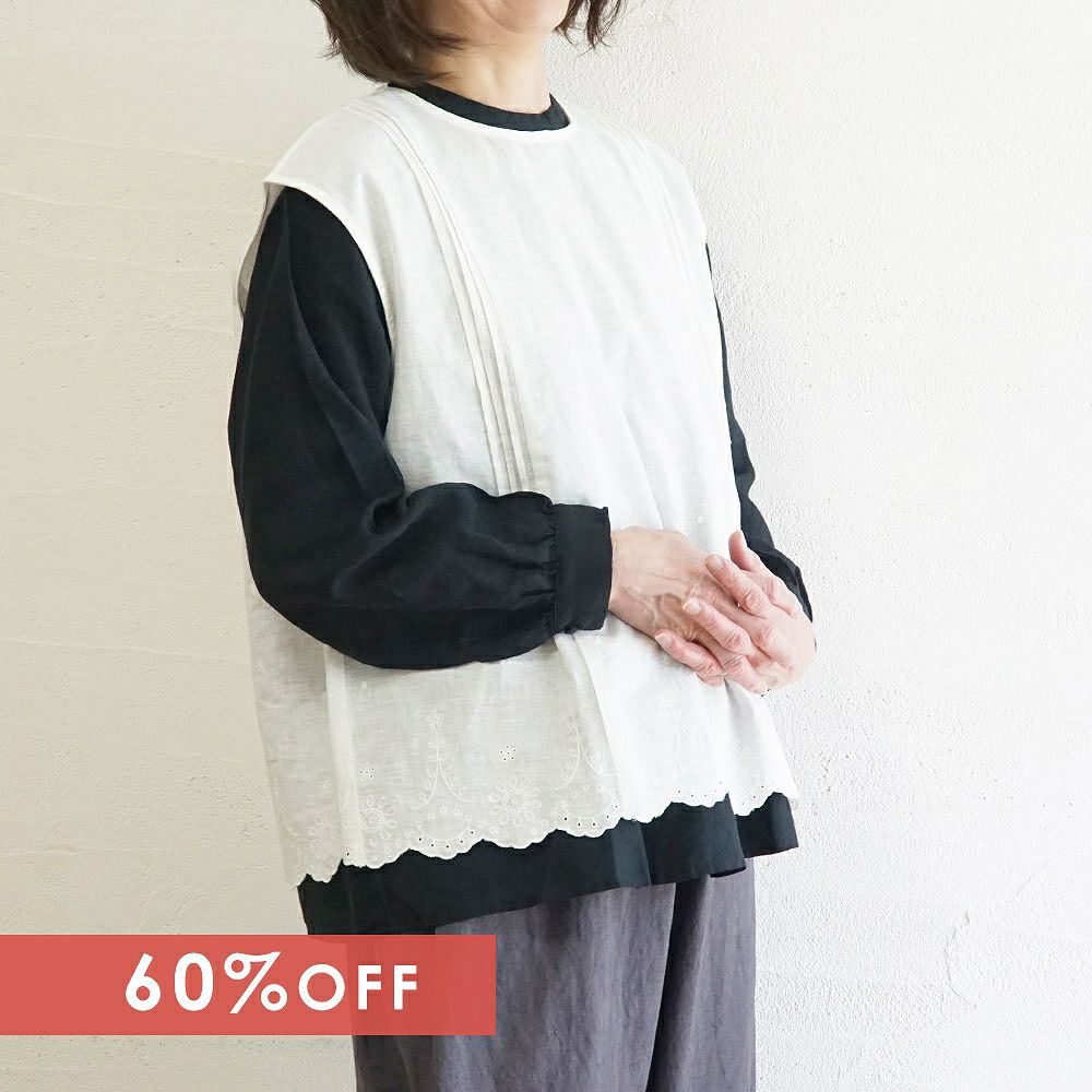 Branch m‘.,ブランチエム,ナチュラル,30代,40代,50代,60代,リネン,ゆったり,麻,ベスト,ブラウス,刺繍,スカラップ刺繡,刺繍ブラウス