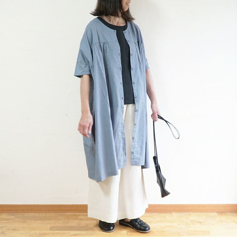 Branch m‘.,ブランチエム,ナチュラル,30代,40代,50代,60代,リネン,ゆったり,コットンリネン,コットン,綿麻,ワンピース,ギャザーワンピース,羽織ワンピース,５分袖,５分袖ワンピース,羽織