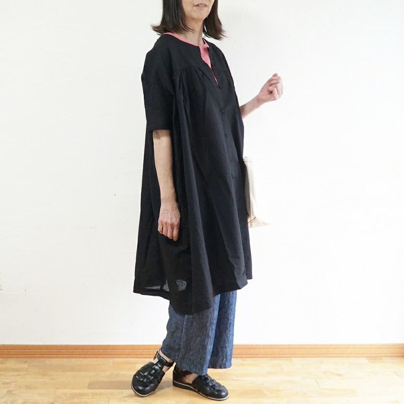 Branch m‘.,ブランチエム,ナチュラル,30代,40代,50代,60代,リネン,ゆったり,コットンリネン,コットン,綿麻,ワンピース,ギャザーワンピース,羽織ワンピース,５分袖,５分袖ワンピース,羽織