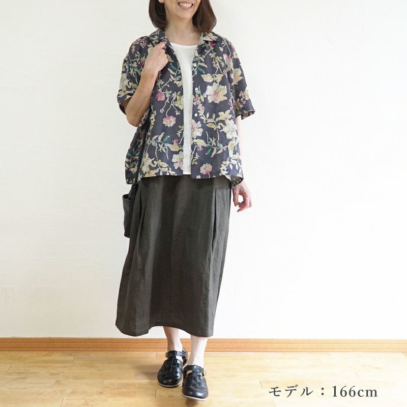Branch m‘.,ブランチエム,ナチュラル,30代,40代,50代,60代,リネン,ゆったり,ブラウス,リネンブラウス,花柄,花柄ブラウス,オープンカラー,オープンカラーシャツ,リネンシャツ,開襟シャツ