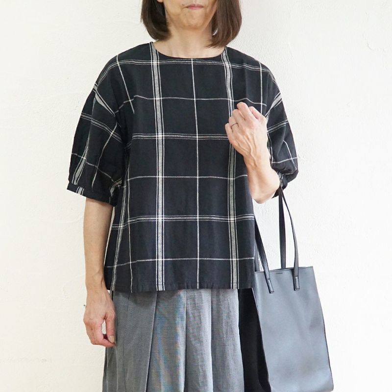 Branch m‘.,ブランチエム,ナチュラル,30代,40代,50代,60代,リネン,ゆったり,コットン,チェック,ブラウス,blouse,プルオーバー,プルオーバーブラウス.チェック柄,チェックブラウス