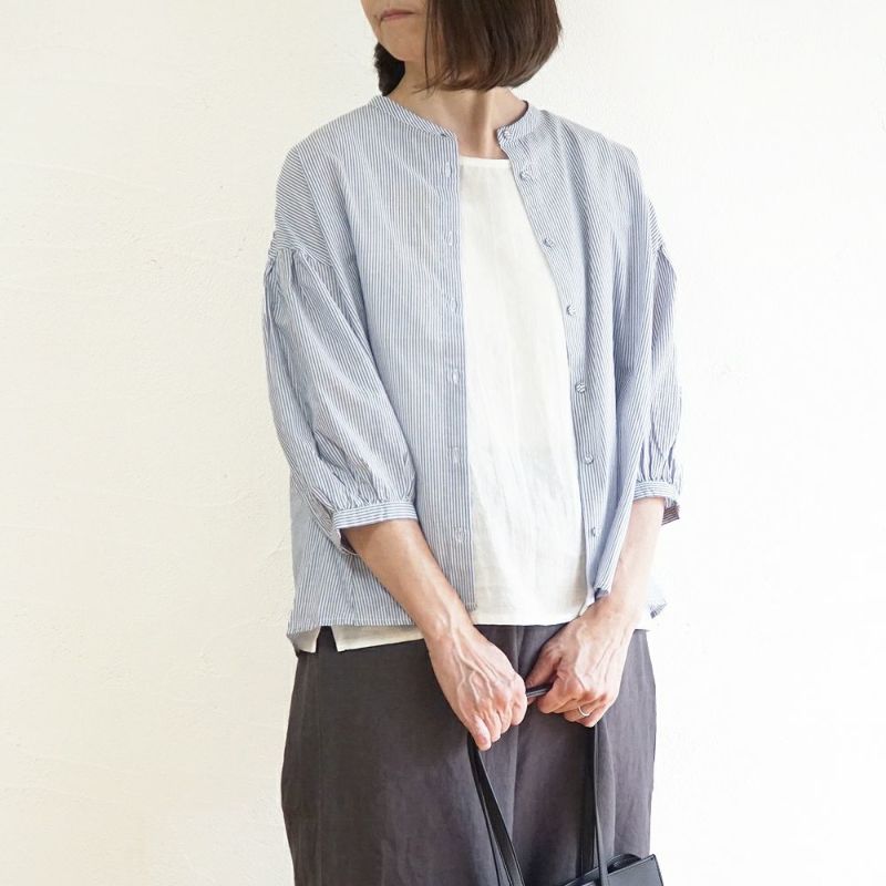 Branch m‘.,ブランチエム,ナチュラル,30代,40代,50代,60代,リネン,ゆったり,コットン,ブラウス,blouse,ギャザーブラウス,バンドカラー,バンドカラーブラウス,コットンリネン,コットンリネンブラウス,
