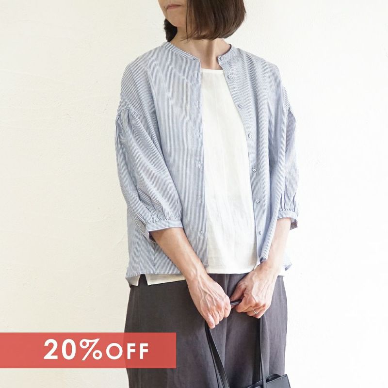 Branch m‘.,ブランチエム,ナチュラル,30代,40代,50代,60代,リネン,ゆったり,コットン,ブラウス,blouse,ギャザーブラウス,バンドカラー,バンドカラーブラウス,コットンリネン,コットンリネンブラウス,