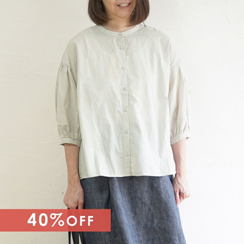 Branch m‘.,ブランチエム,ナチュラル,30代,40代,50代,60代,リネン,ゆったり,コットン,ブラウス,blouse,ギャザーブラウス,バンドカラー,バンドカラーブラウス,コットンリネン,コットンリネンブラウス,