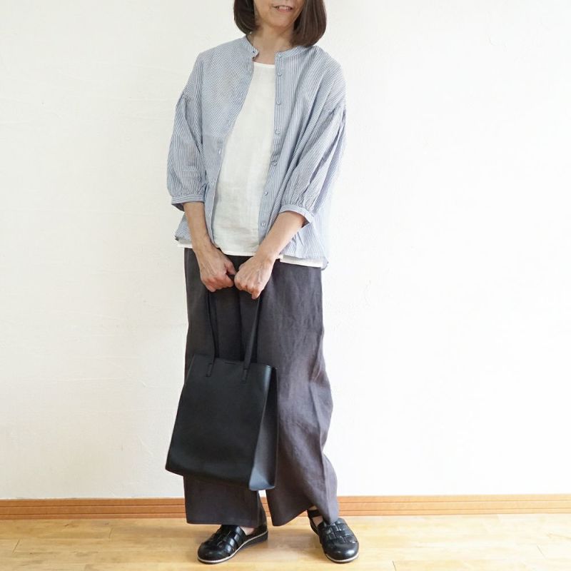 Branch m‘.,ブランチエム,ナチュラル,30代,40代,50代,60代,リネン,ゆったり,コットン,ブラウス,blouse,ギャザーブラウス,バンドカラー,バンドカラーブラウス,コットンリネン,コットンリネンブラウス,