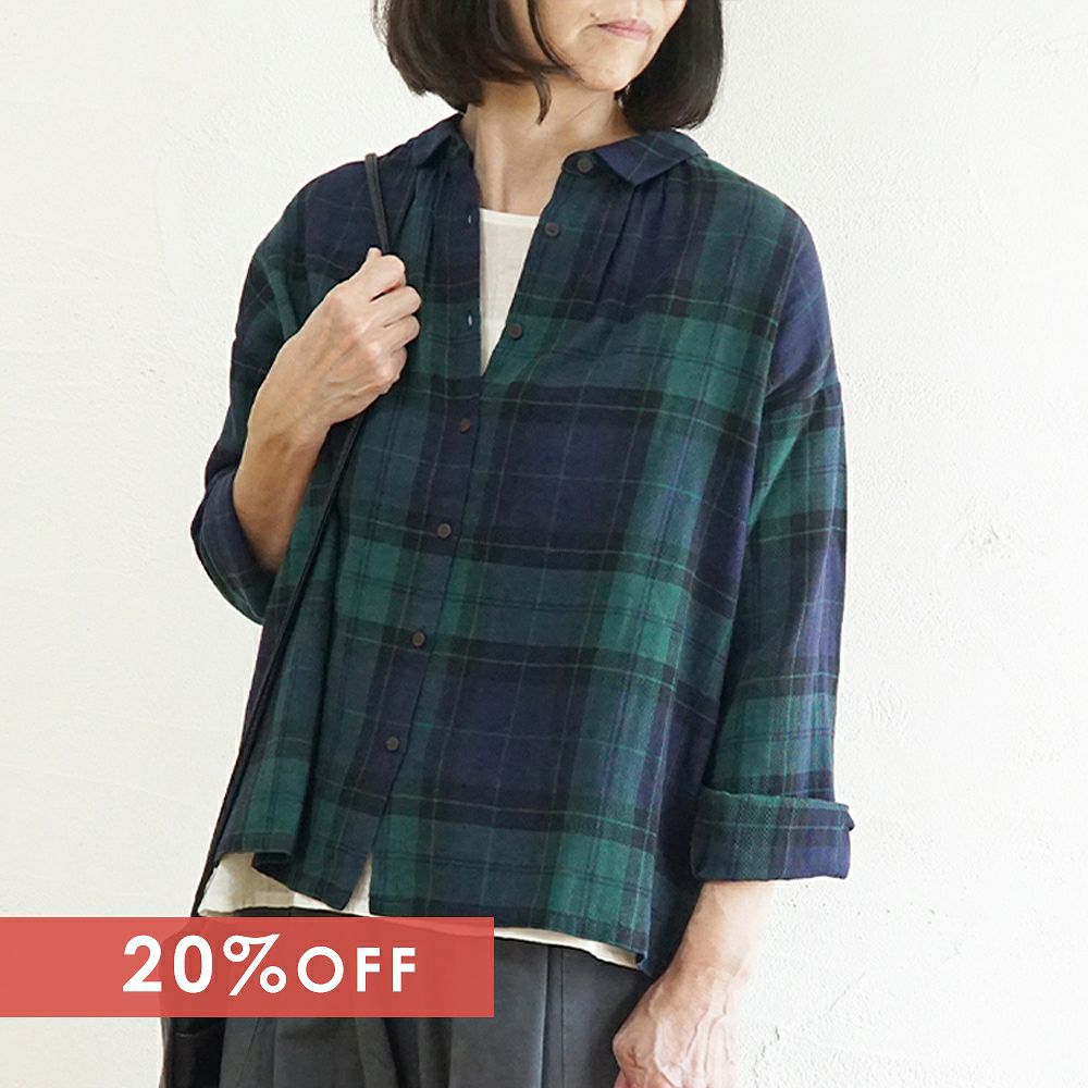 Branch m‘.,ブランチエム,ナチュラル,30代,40代,50代,60代,コットン,ゆったり,リネン,ブラウス,シャツ,ギャザーブラウス,コットンリネン,コットンリネンブラウス,ブラックウォッチ,ブラックウォッチブラウス,