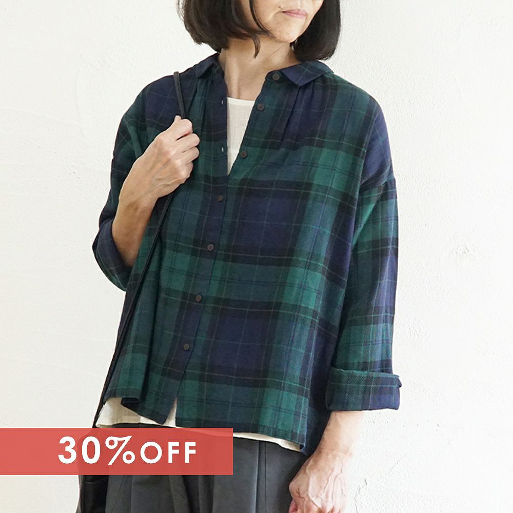 Branch m‘.,ブランチエム,ナチュラル,30代,40代,50代,60代,コットン,ゆったり,リネン,ブラウス,シャツ,ギャザーブラウス,コットンリネン,コットンリネンブラウス,ブラックウォッチ,ブラックウォッチブラウス,