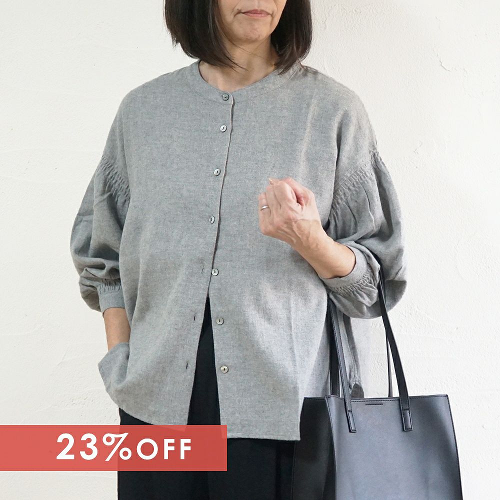 Branch m‘.,ブランチエム,ナチュラル,30代,40代,50代,60代,コットン,ゆったり,blouse,ブラウス,綿ブラウス,起毛ブラウス,シャーリング,シャーリングブラウス,バンドカラー,バンドカラーブラウス,スタンドカラー,スタンドカラーブラウス,羽織,羽織ブラウス