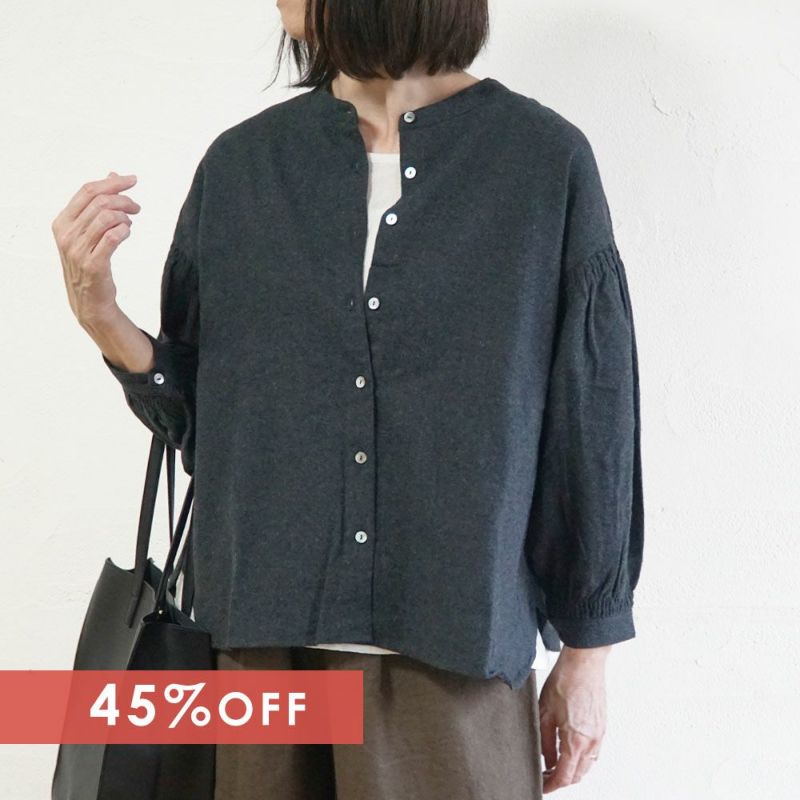 Branch m‘.,ブランチエム,ナチュラル,30代,40代,50代,60代,コットン,ゆったり,blouse,ブラウス,綿ブラウス,起毛ブラウス,シャーリング,シャーリングブラウス,バンドカラー,バンドカラーブラウス,スタンドカラー,スタンドカラーブラウス,羽織,羽織ブラウス