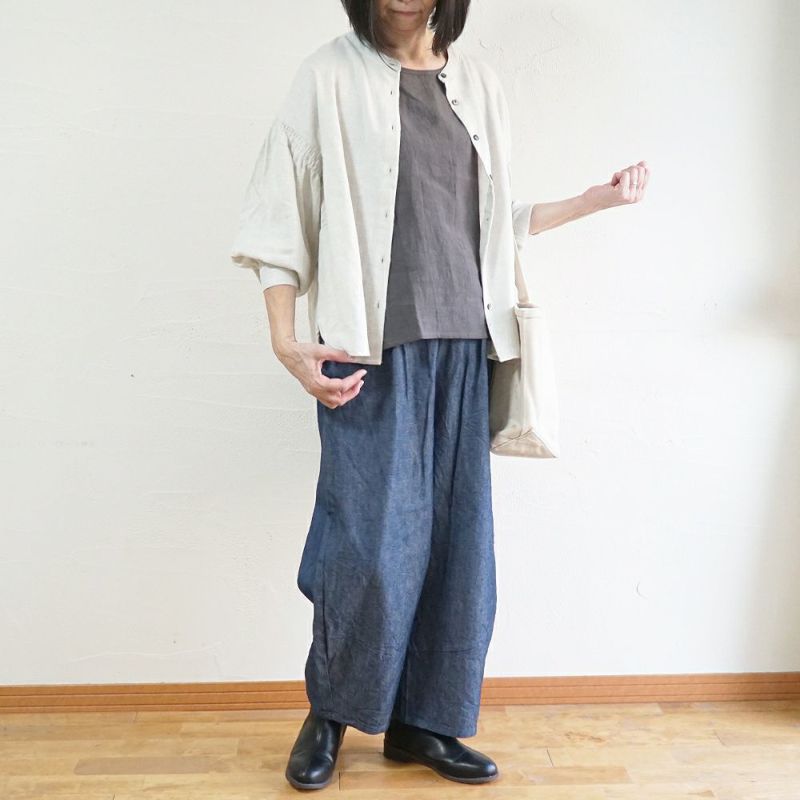 Branch m‘.,ブランチエム,ナチュラル,30代,40代,50代,60代,コットン,ゆったり,blouse,ブラウス,綿ブラウス,起毛ブラウス,シャーリング,シャーリングブラウス,バンドカラー,バンドカラーブラウス,スタンドカラー,スタンドカラーブラウス,羽織,羽織ブラウス