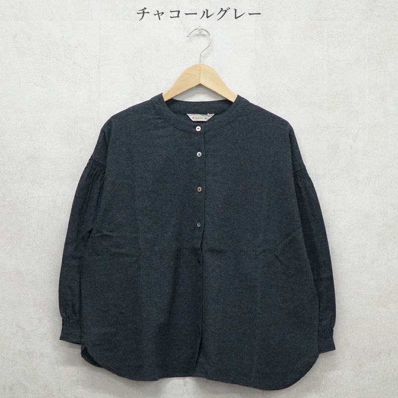 Branch m‘.,ブランチエム,ナチュラル,30代,40代,50代,60代,コットン,ゆったり,blouse,ブラウス,綿ブラウス,起毛ブラウス,シャーリング,シャーリングブラウス,バンドカラー,バンドカラーブラウス,スタンドカラー,スタンドカラーブラウス,羽織,羽織ブラウス