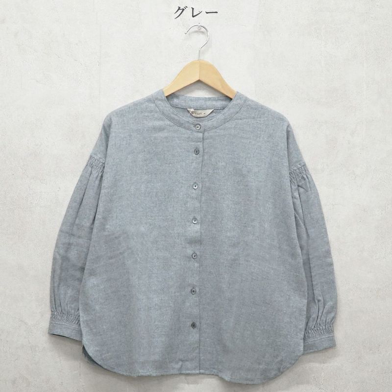 Branch m‘.,ブランチエム,ナチュラル,30代,40代,50代,60代,コットン,ゆったり,blouse,ブラウス,綿ブラウス,起毛ブラウス,シャーリング,シャーリングブラウス,バンドカラー,バンドカラーブラウス,スタンドカラー,スタンドカラーブラウス,羽織,羽織ブラウス