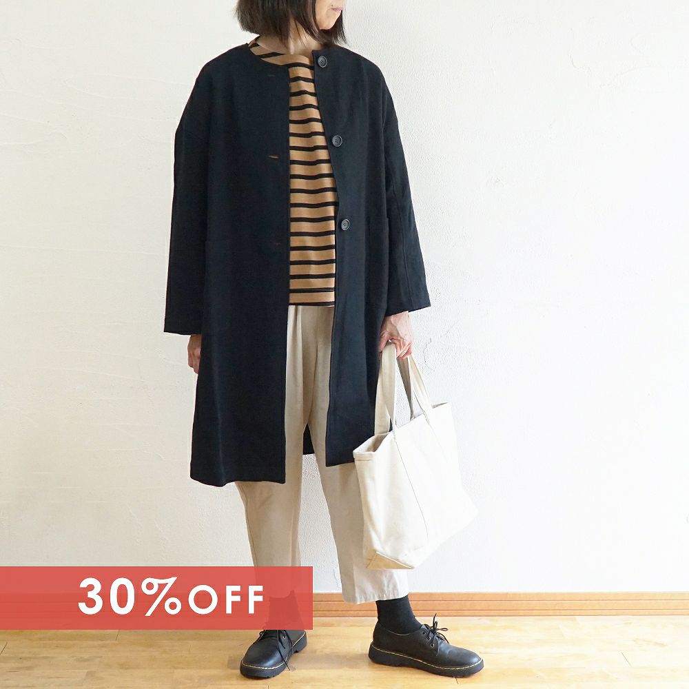 Branch m‘.,ブランチエム,ナチュラル,30代,40代,50代,60代,コットン,ゆったり,コート,ノーカラー,ノーカラーコート,ライトアウター,ライトコート,コットンリネンウール,ロングコート,クルーネック,クルーネックコート 