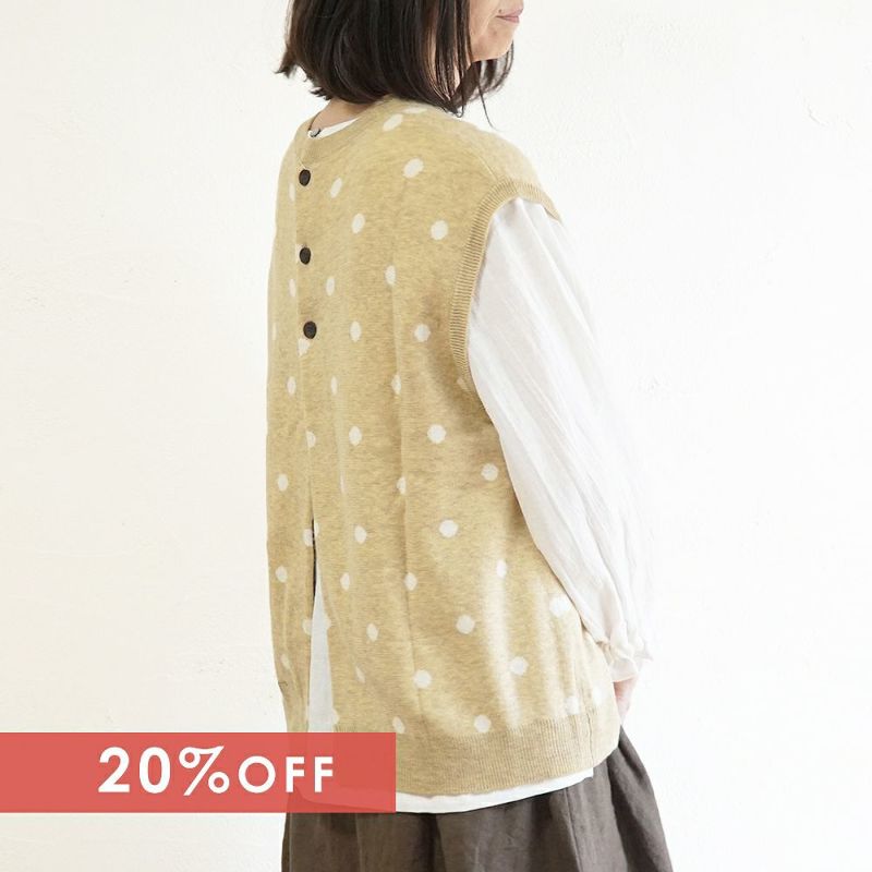 Branch m‘.,ブランチエム,ナチュラル,30代,40代,50代,60代,ウール,ゆったり,knit,ニット,ウール混,ベスト,ニットベスト,ドット柄,ドット