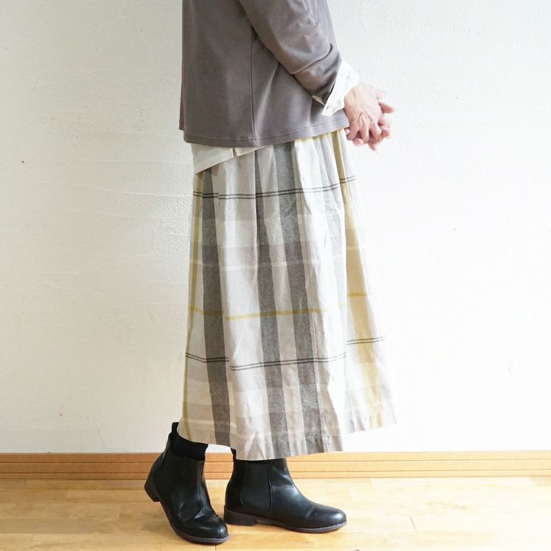 Branch m‘.,ブランチエム,ナチュラル,30代,40代,50代,60代,コットン,ゆったり,綿,チェック,チェック柄,チェックスカート,スカート,フレアスカート,タックスカート,