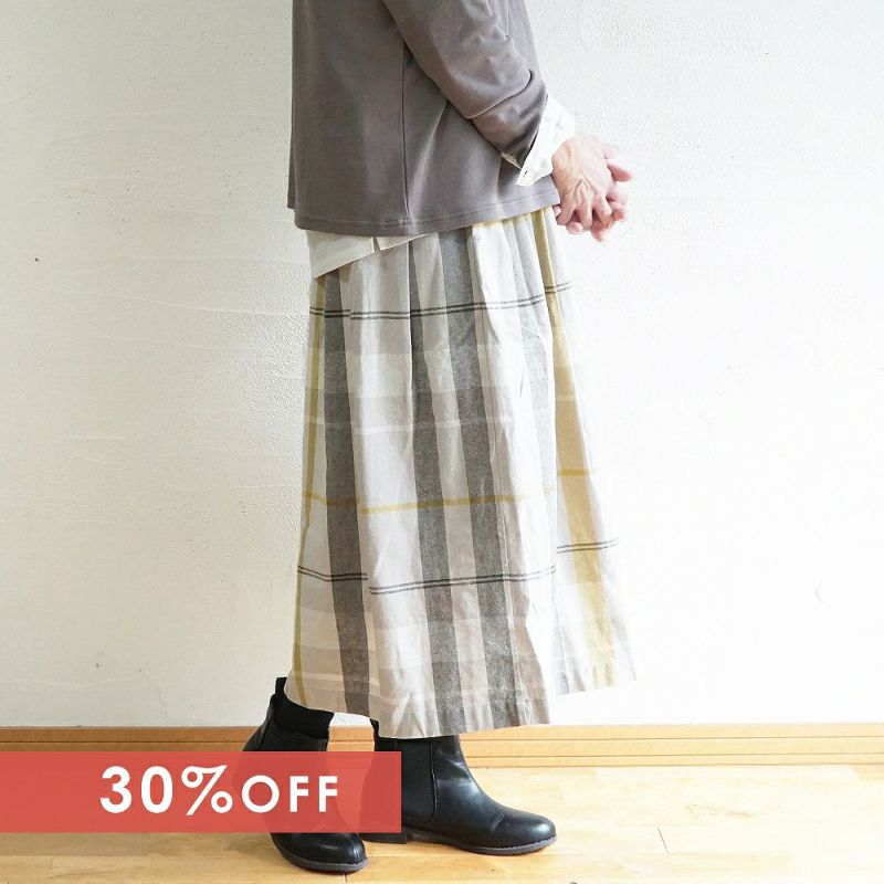 Branch m‘.,ブランチエム,ナチュラル,30代,40代,50代,60代,コットン,ゆったり,綿,チェック,チェック柄,チェックスカート,スカート,フレアスカート,タックスカート,