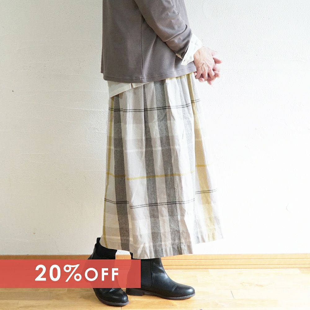 Branch m‘.,ブランチエム,ナチュラル,30代,40代,50代,60代,コットン,ゆったり,綿,チェック,チェック柄,チェックスカート,スカート,フレアスカート,タックスカート,