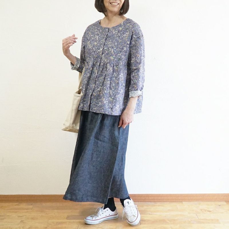 Branch m‘.,ブランチエム,ナチュラル,30代,40代,50代,60代,リネン,ゆったり, ブラウス,リネンブラウス,花柄,花柄ブラウス,2way,2wayブラウスノーカラーブラウス,ギャザーブラウ
