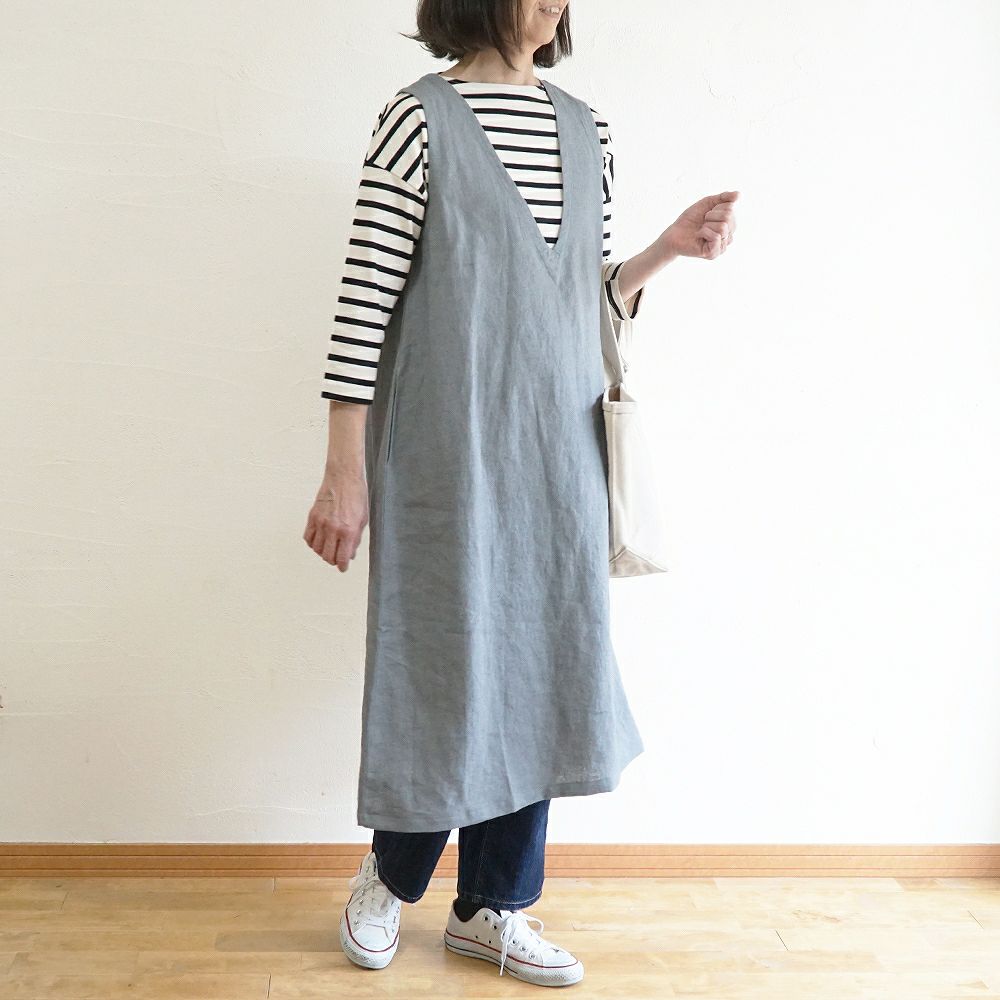 Branch m‘.,ブランチエム,ナチュラル,30代,40代,50代,60代,リネン,ゆったり,ワンピース,リネンワンピース,ノースリーブワンピース,Vネック,Vネックワンピース