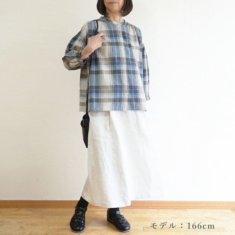 Branch m‘.,ブランチエム,ナチュラル,30代,40代,50代,60代,コットン,ゆったり,コットンリネン,blouse,ブラウス,チェック,チェック柄,チェックブラウス,ギャザーブラウス,コットンリネンブラウス