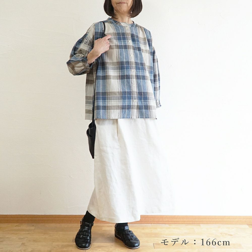 Branch m‘.,ブランチエム,ナチュラル,30代,40代,50代,60代,コットン,ゆったり,コットンリネン,blouse,ブラウス,チェック,チェック柄,チェックブラウス,ギャザーブラウス,コットンリネンブラウス