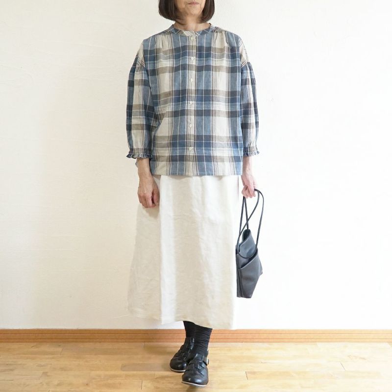 Branch m‘.,ブランチエム,ナチュラル,30代,40代,50代,60代,コットン,ゆったり,コットンリネン,blouse,ブラウス,チェック,チェック柄,チェックブラウス,ギャザーブラウス,コットンリネンブラウス