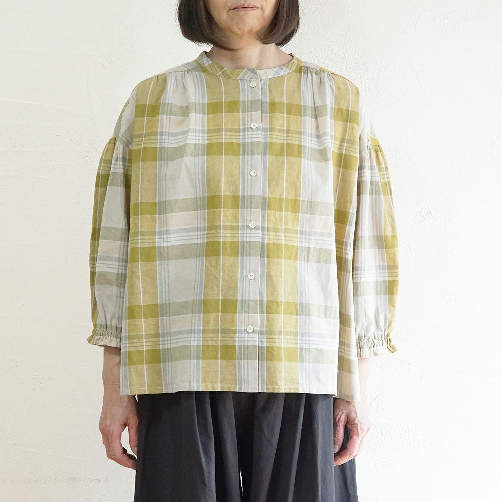 Branch m‘.,ブランチエム,ナチュラル,30代,40代,50代,60代,コットン,ゆったり,コットンリネン,blouse,ブラウス,チェック,チェック柄,チェックブラウス,ギャザーブラウス,コットンリネンブラウス