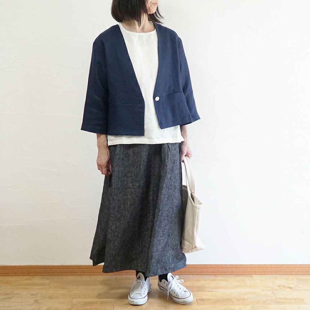 Branch m‘.,ブランチエム,ナチュラル,30代,40代,50代,60代,リネン,ゆったり,ジャケット,リネンジャケット,Vネック、Vネックジャケット,ノーカラージャケット,ショート丈,ショートジャケット,フォーマル,オケージョン,セットアップ