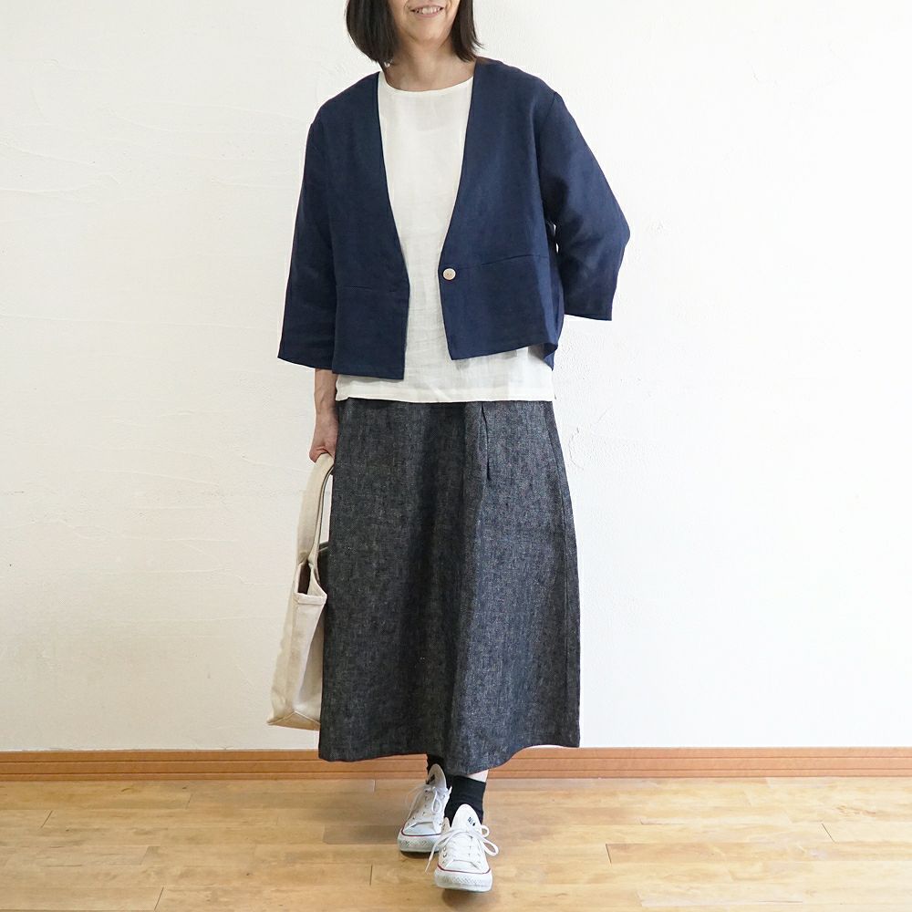 Branch m‘.,ブランチエム,ナチュラル,30代,40代,50代,60代,リネン,ゆったり,ジャケット,リネンジャケット,Vネック、Vネックジャケット,ノーカラージャケット,ショート丈,ショートジャケット,フォーマル,オケージョン,セットアップ