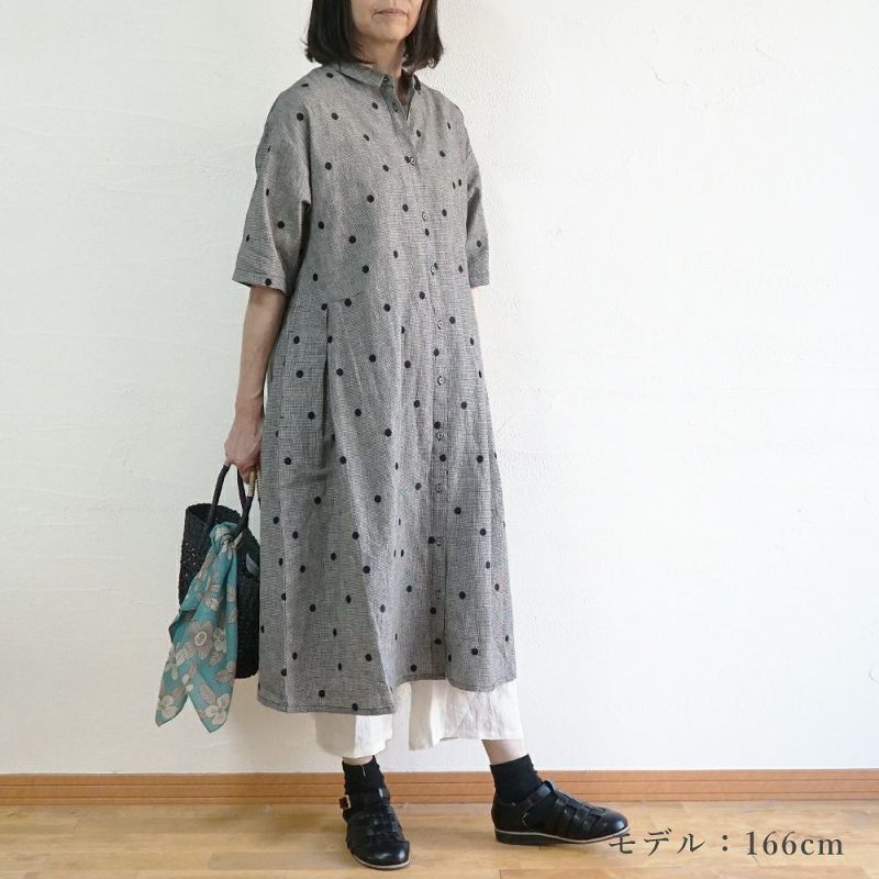 Branch m‘.,ブランチエム,ナチュラル,30代,40代,50代,60代,リネン,ゆったり,ドット,ドット柄,刺繍,刺繍ブラウス,半袖,半袖ワンピース,ワンピース,シャツワンピース