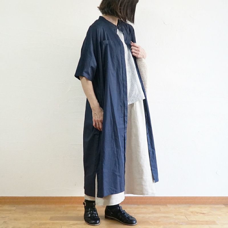 Branch m‘.,ブランチエム,ナチュラル,30代,40代,50代,60代,コットン,ゆったり,半袖ワンピース,ワンピース,シャツワンピース,バンドカラー