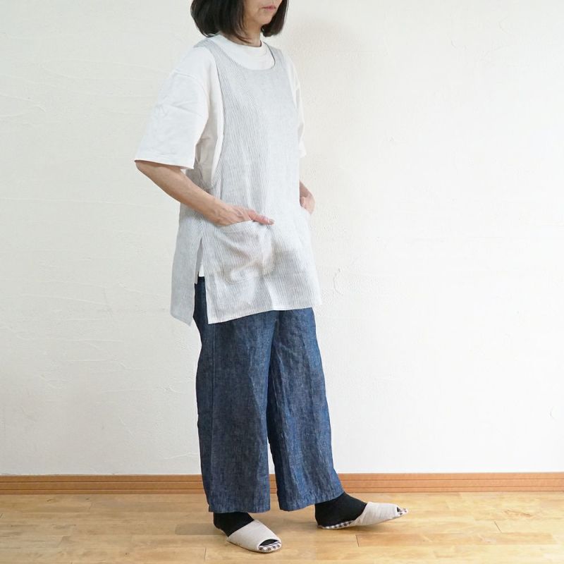 Branch m‘.,ブランチエム,ナチュラル,30代,40代,50代,60代,リネン,ゆったり,エプロン,リネンエプロン,ベスト,リネンベスト,ストライプ