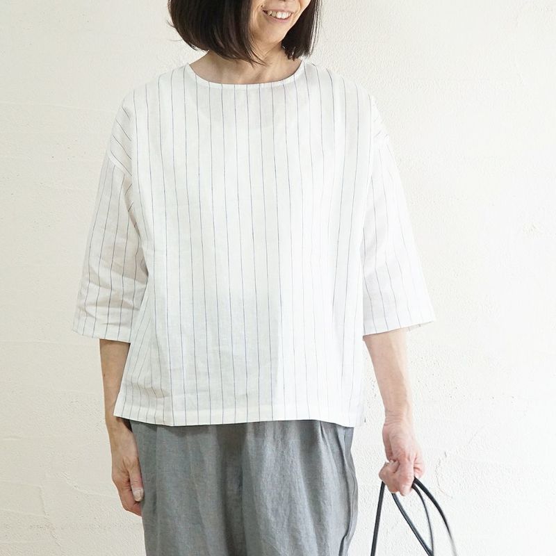 Branch m‘.,ブランチエム,ナチュラル,30代,40代,50代,60代,リネン,ゆったり,blouse,ブラウス,プルオーバー,リネンブラウス,リネンプルオーバー,ストライプブラウス,ストライプ,リネンストライプ,7分袖,7分袖ブラウス,