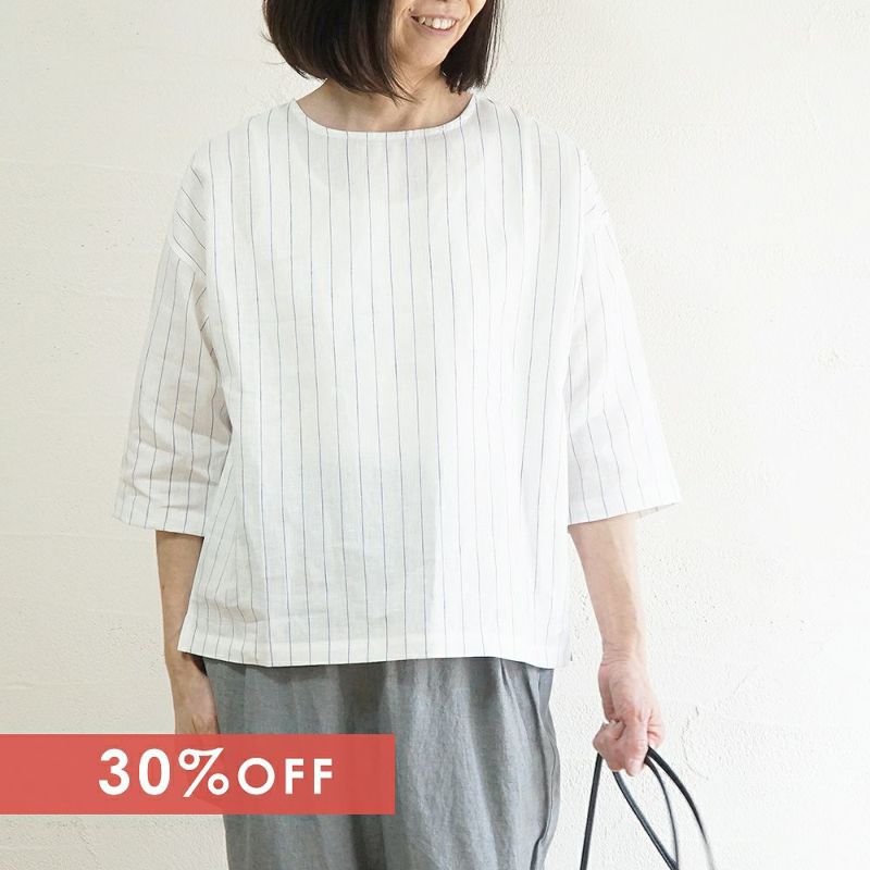 Branch m‘.,ブランチエム,ナチュラル,30代,40代,50代,60代,リネン,ゆったり,blouse,ブラウス,プルオーバー,リネンブラウス,リネンプルオーバー,ストライプブラウス,ストライプ,リネンストライプ,7分袖,7分袖ブラウス,