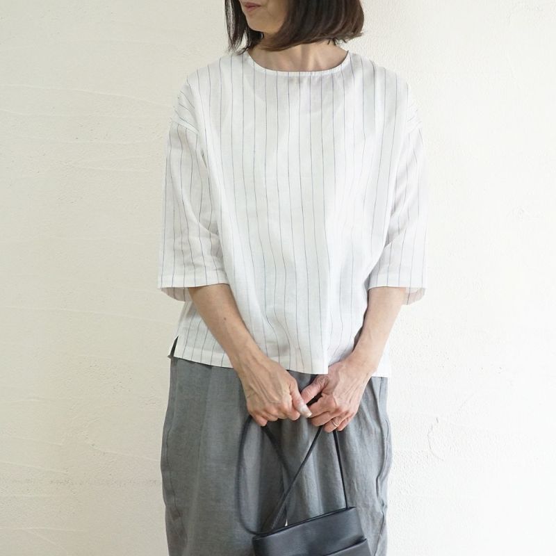 Branch m‘.,ブランチエム,ナチュラル,30代,40代,50代,60代,リネン,ゆったり,blouse,ブラウス,プルオーバー,リネンブラウス,リネンプルオーバー,ストライプブラウス,ストライプ,リネンストライプ,7分袖,7分袖ブラウス,