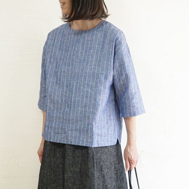 Branch m‘.,ブランチエム,ナチュラル,30代,40代,50代,60代,リネン,ゆったり,blouse,ブラウス,プルオーバー,リネンブラウス,リネンプルオーバー,ストライプブラウス,ストライプ,リネンストライプ,7分袖,7分袖ブラウス,